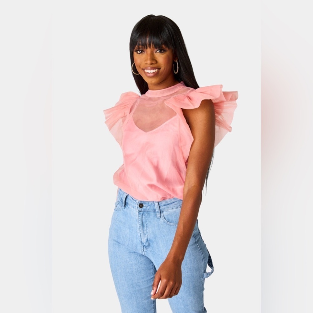 Buddy Love KayCee Organza Ruffle Sleeve Top Salmon Size Small  NWT